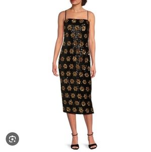 Alex Marie NWT Elegant Black and Gold Floral Midi Dress Size 4
